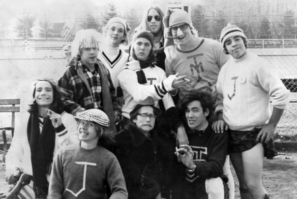 1972 Homecoming Weekend Junior Powderpuff Cheerleaders (photo courtesy of Gary Hudkins/Facebook).  bottom 4: Eric Patel, Joe Bush,Chris Martin, Kieran Kelly (class Pres):/ Middle 3: Barry Hamilton, Gil Chassie, Gary Hudkins/ Top 3: Jim Kenyon, Greg Rybka,