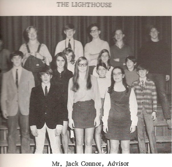 The Lighthouse (Junior High yearbook) committee featuring James and Jim! James is in full  howdy pardner mode...
James Wyman, Margaret Freeman, Scott Schnipper, Jim Hughes (photo courtesy Jane York Bornstein/Facebook)  